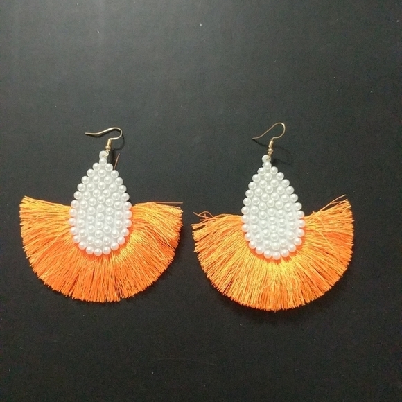 WHITE Faux Pearl and Orange Fringe Statement Earrings - Picture 1 of 2